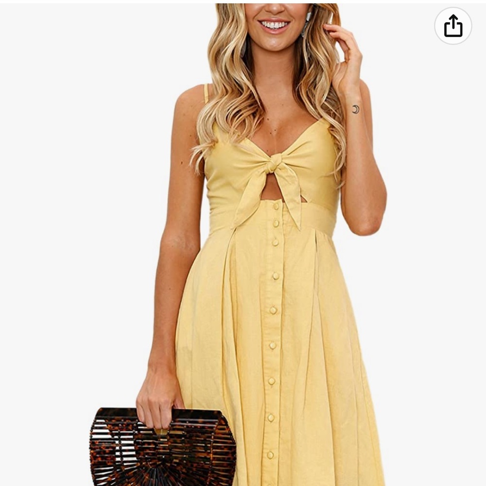 Ecowish yellow tie front Vneck spaghetti strap button down backless midi Sm A3